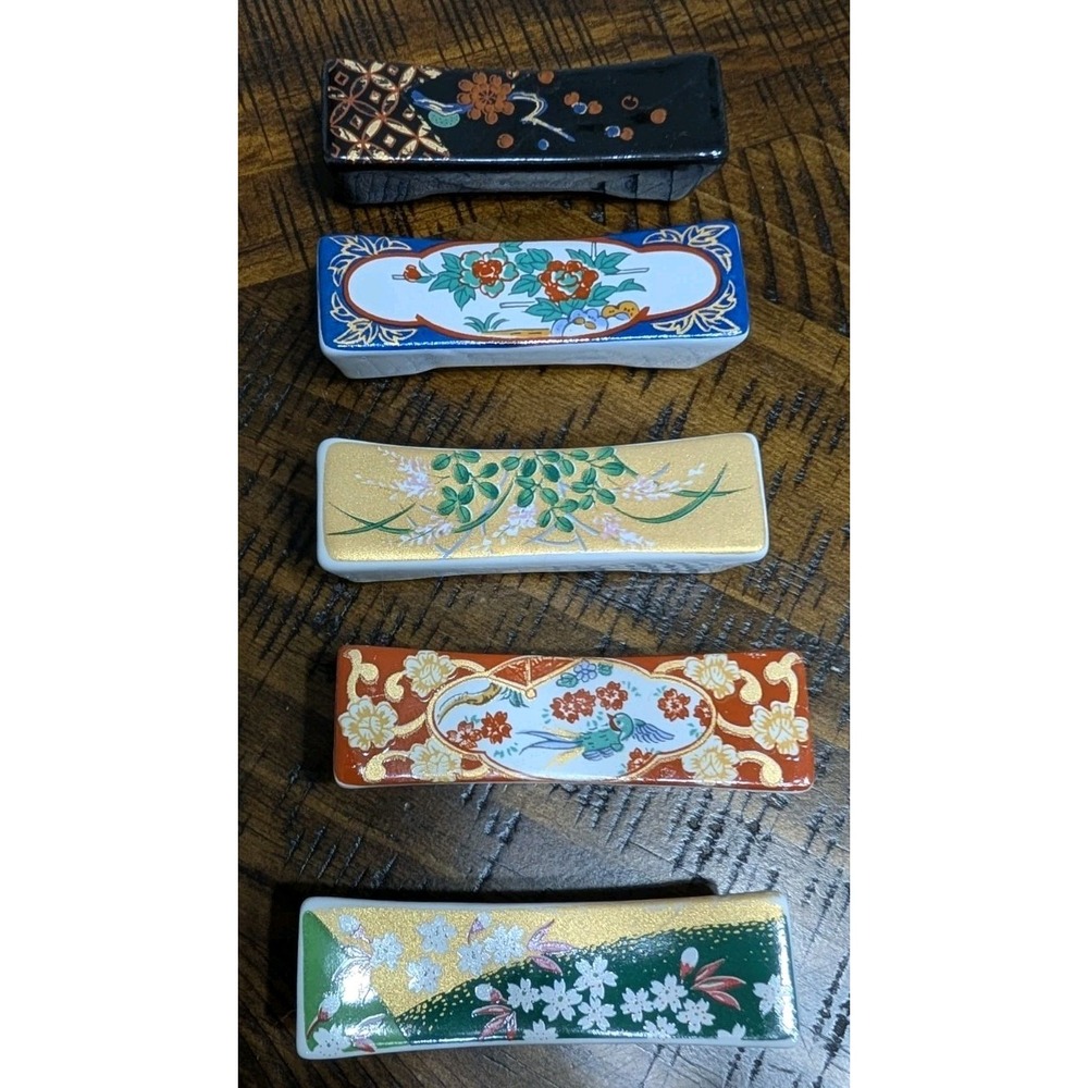 Vintage Japanese Porcelain Hashioki Chopstick Rests Set of 5 Floral Bird Boxed - Picture 4 of 6